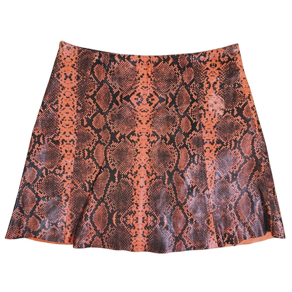 VEDA Python Print Leather Mini Skirt Small Orange Snake Y2K Edgy Night Out Club